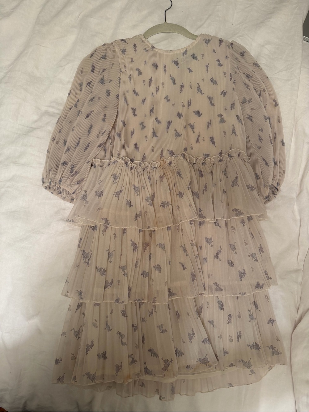 Ganni Beige Tiered Pleated Dress with Purple Floral Print